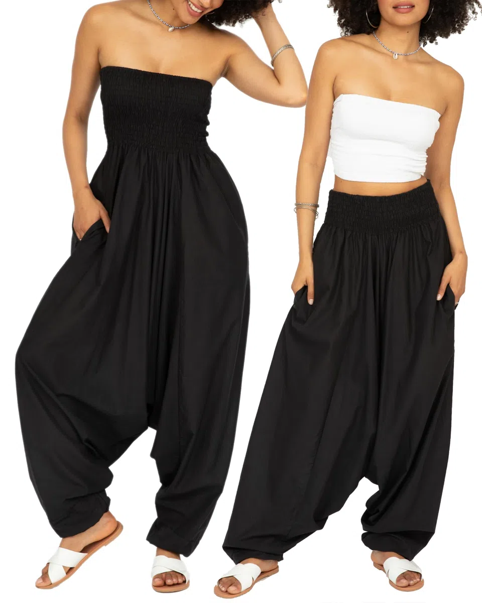 likemary Jumpsuit Damen Sommer – 2-in-1 Baumwoll Einteiler & Haremshose mit Taschen – Luftige Boho Pumphose, Schlupfhose für Urlaub & Alltag