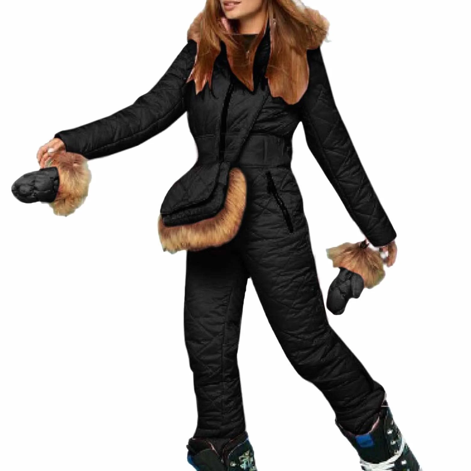 Damen Schneeoverall - Damen Schneeanzug + Skihandschuhe + Gürteltasche 3 teilig Skianzug Winter Warme Jumpsuit Schneeoverall Einteilig Skioverall mit Kapuze Reißverschluss Skianzüge