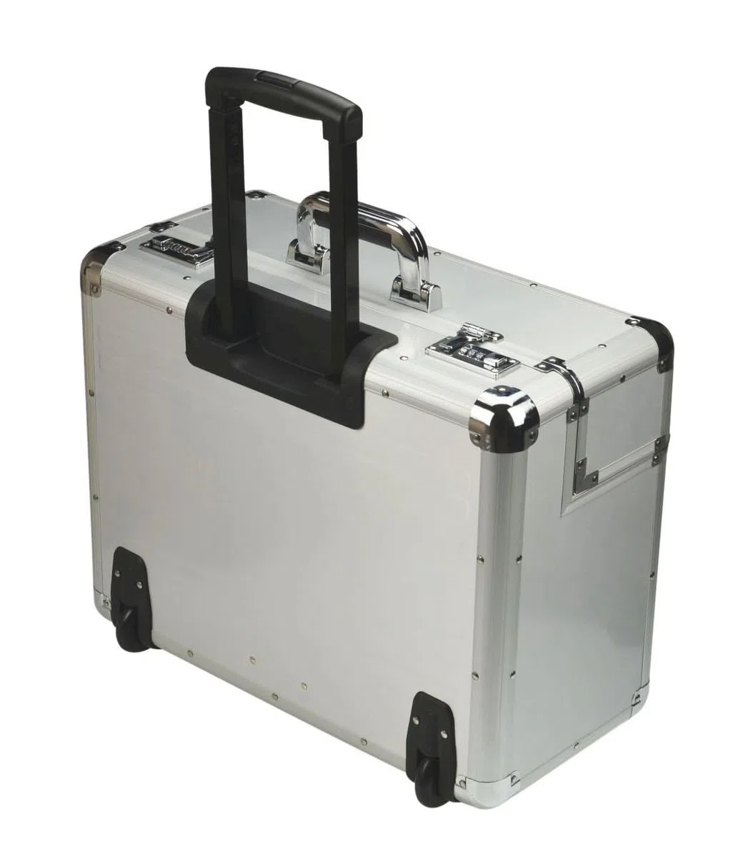 ALUMAXX 45122 Pilotenkoffer Omega, Koffer aus Aluminium, Alukoffer mit Rollen, Trolleykoffer, Fach für 17" Notebooks, Rollkoffer mit Teleskopgriff, Silber, 48 x 38,5 x 23 cm