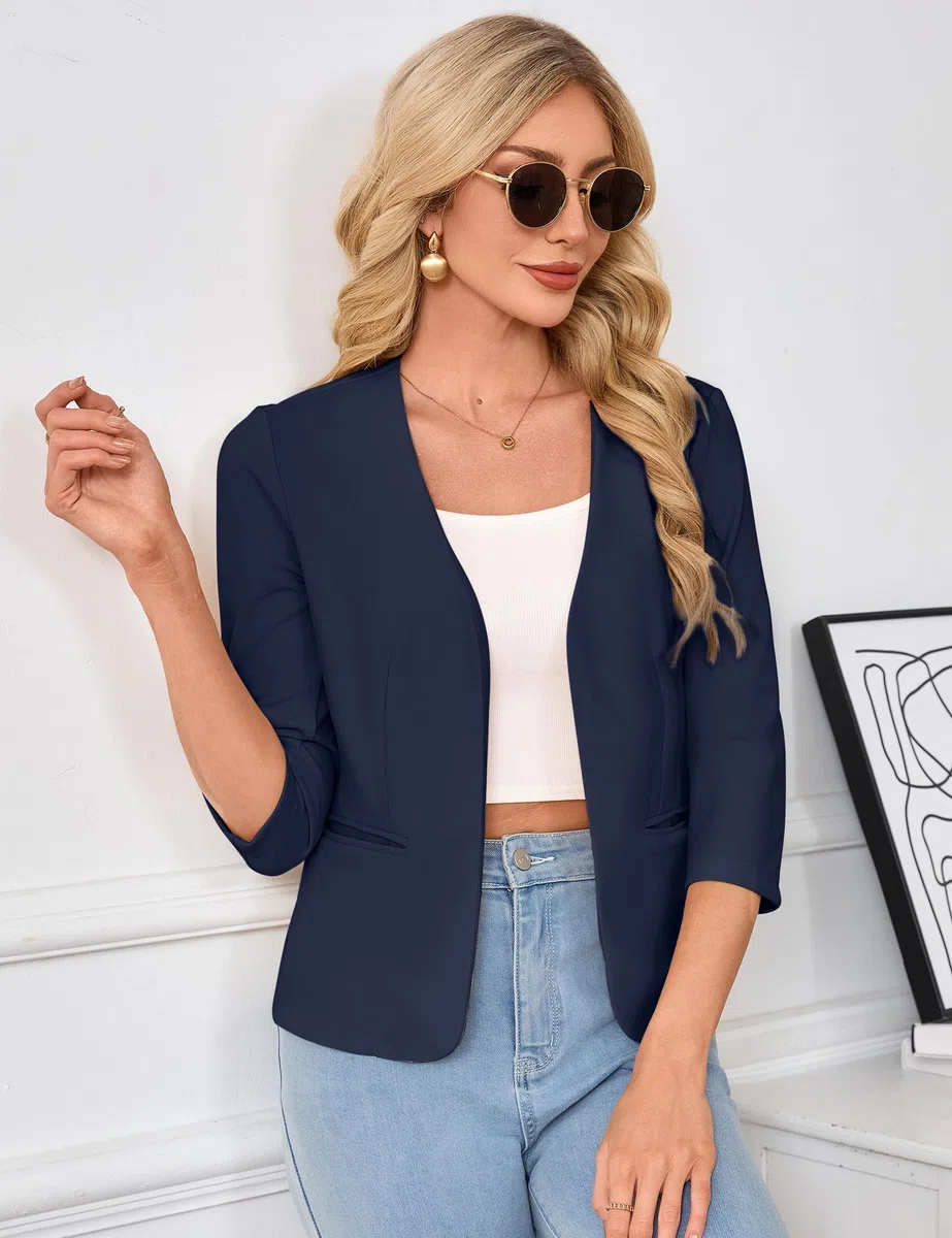 YesFashion Blazer Damen Elegant Blazerjacke Open Front 3/4 Ärmel Leichte Jacke Business Büro Anzugjacke(Verpackung MEHRWEG)