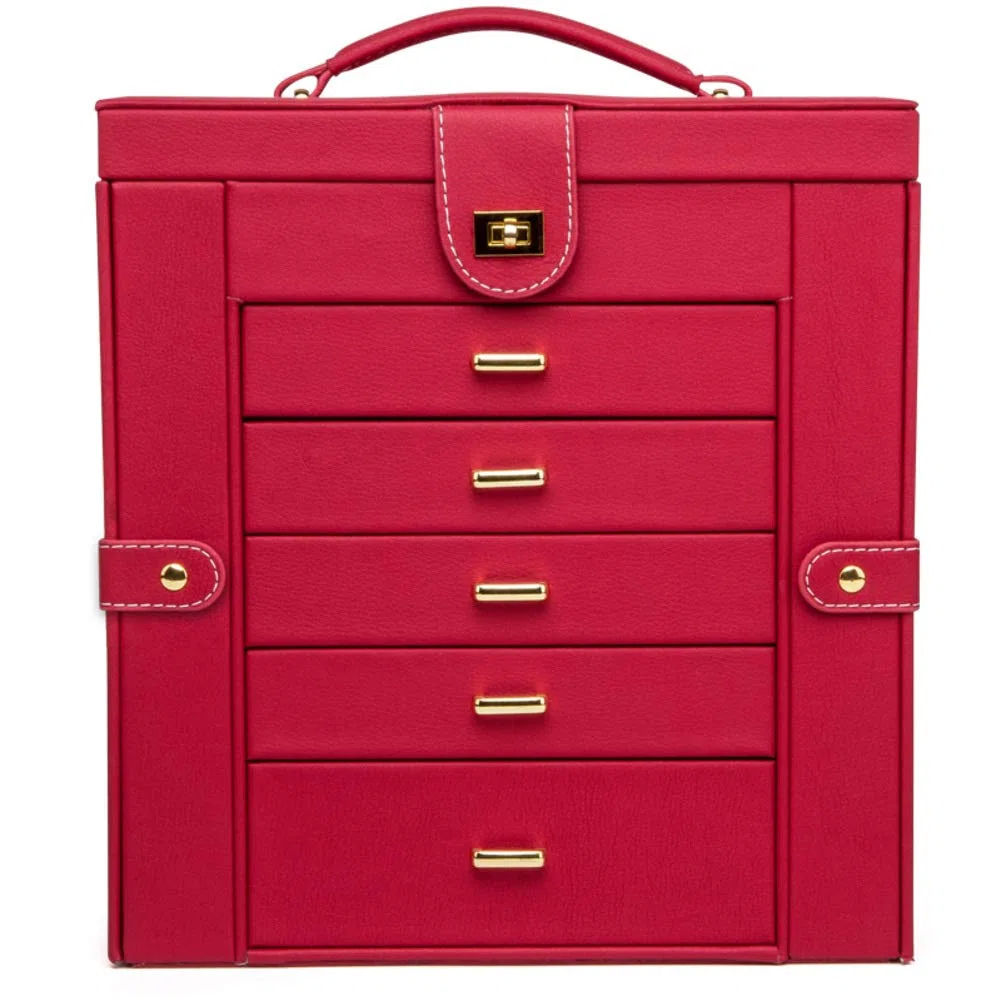 HM&DX Leder Schmuckkästchen Spiegel, Große Kapazität Aufbewahrungsbox Für Schmuck Mit Griff Schubladen Funktionale Schmuckschatulle Für Mädchen Damen-rot