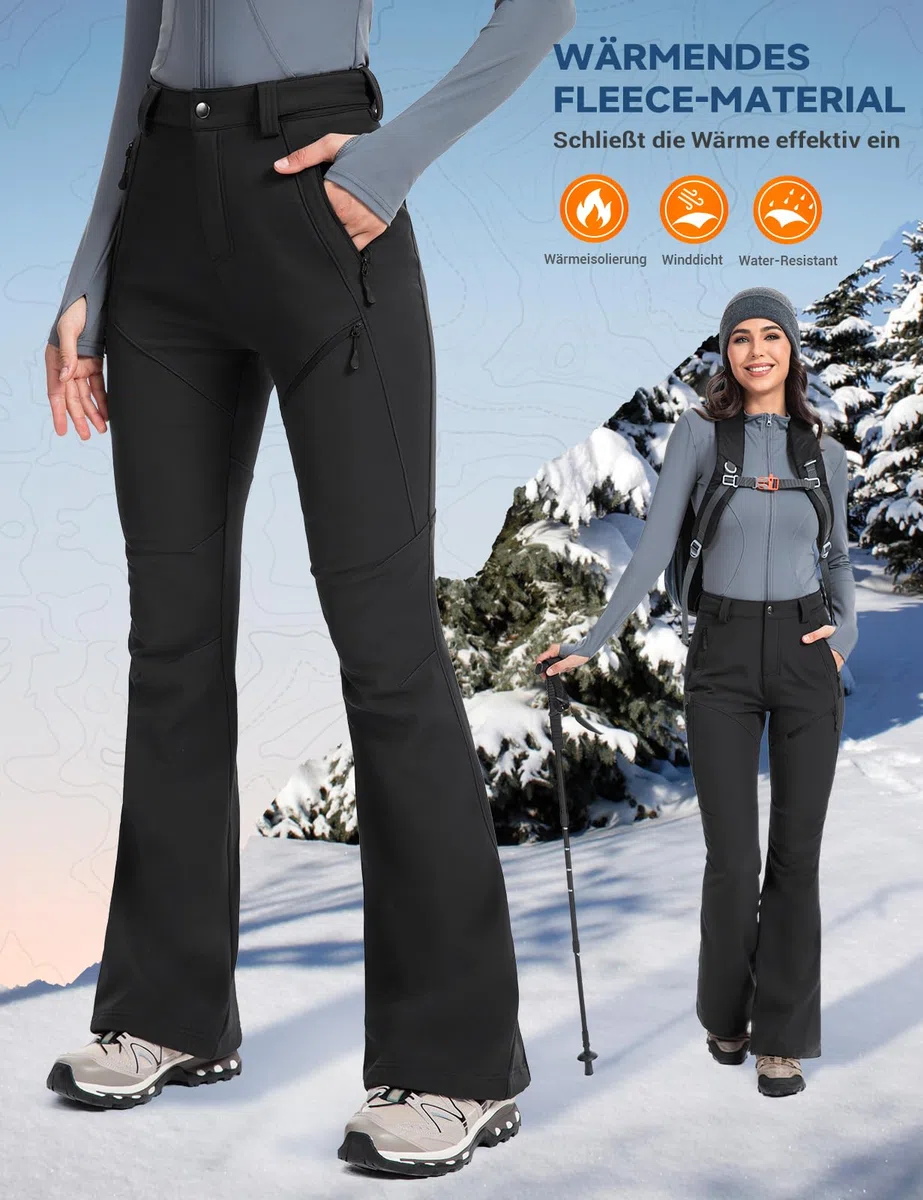 Moosehill Damen-Wanderhose-Thermohose-Wasserdicht-Skihose-Softshellhose Schneehose Gefüttert Winddicht Fleece Warm Falre Outdoor Snowboard Fahrrad Arbeit Trekking Winter Cargohose(Schwarz|38|79cm)