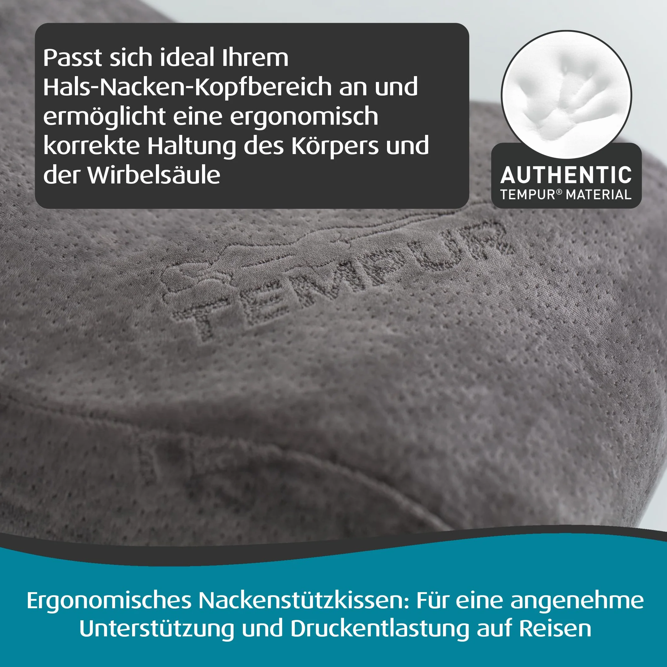 TEMPUR Reisekissen Memory Foam, ergonomisches Reise-Nackenkissen inkl. Tragetasche, Anthrazit, Größe 25 x 31 x 10/7 cm
