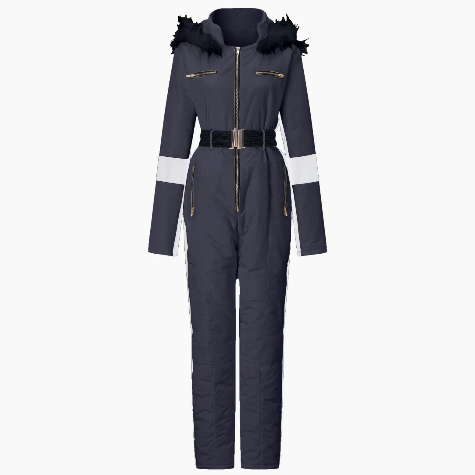 Sport Overall Damen Scrunch Skianzug Damen Einteiler Lang Schneeanzug Slim Fit Mit Gürtel Skianzug Langarm Patchwork Schneeoverall Atmungsaktiv Wasserdicht Jumpsuit Winddicht Warm Skioverall
