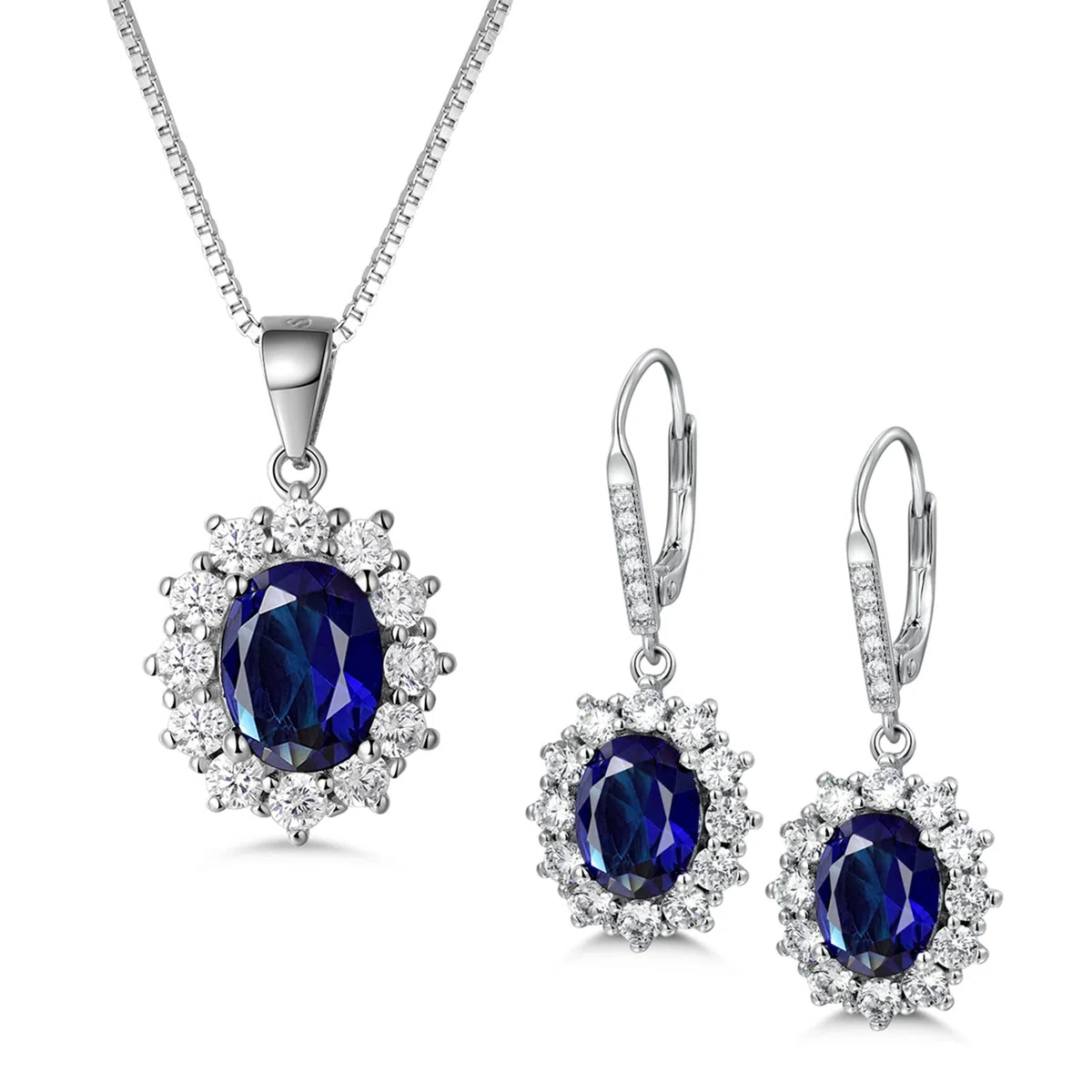 MASOP Silber Damen Schmuck Set, 925 Sterling Silber Saphir Schmuckset, Silber Blau Halskette und Ohrringe Set, Oval Anhänger mit 45 cm Damen Halskette & Ohrhänger, Prinzessin Diana Luxus Schmuck
