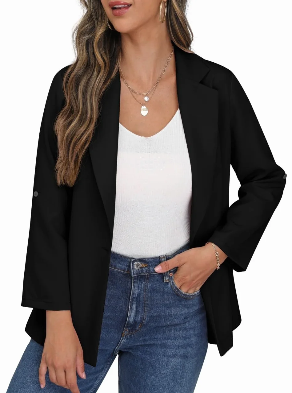 PrinStory Blazer Damen Büro Longblazer Verstellbare Ärmel Revers Blazer Sportlich Elegant Jack