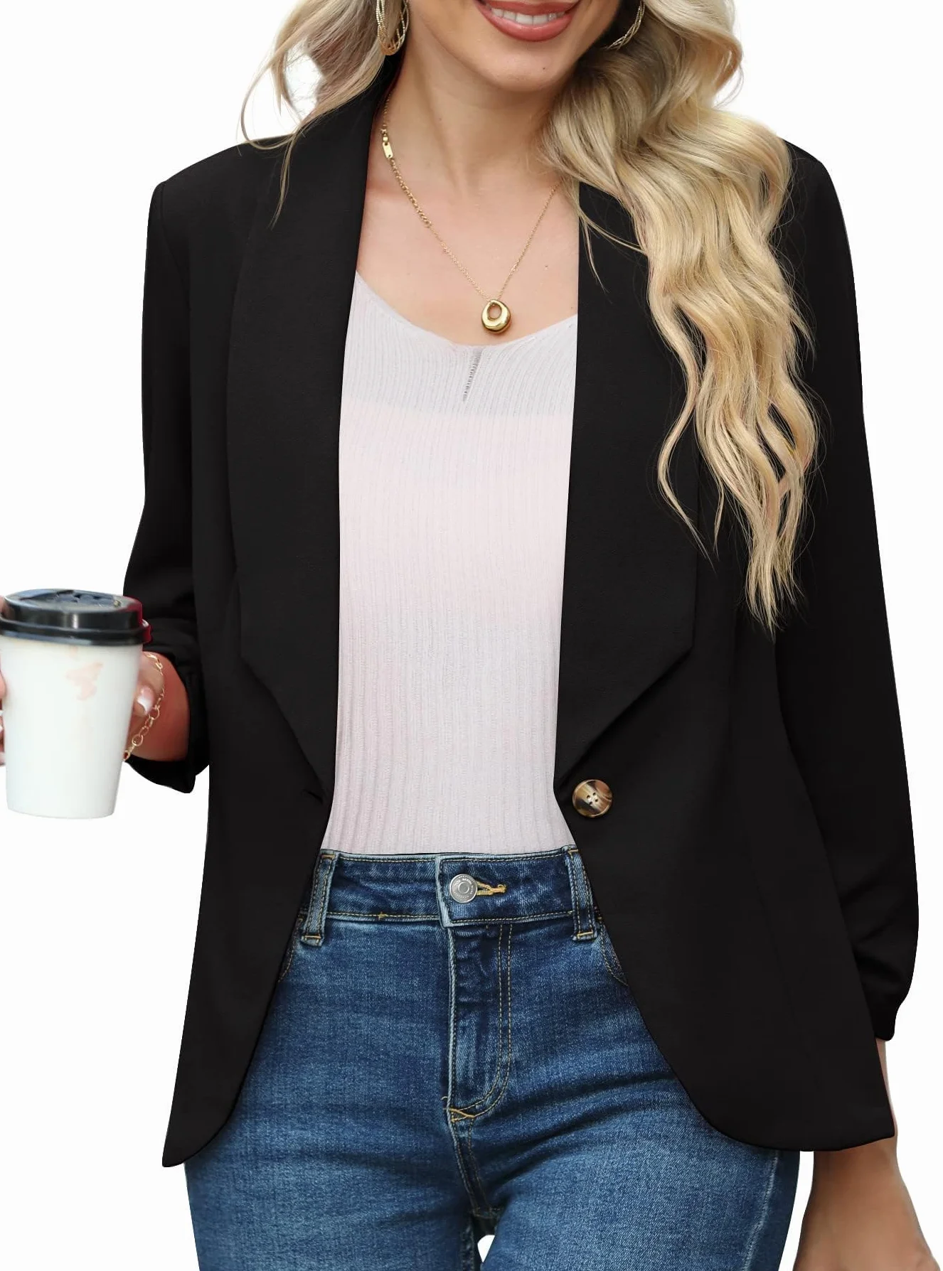 PrinStory Blazer Für Damen 3/4 Geraffte Ärmel Blazer Geschäft Büro Blazer Anzug Sportlich Jack Trenchcoat