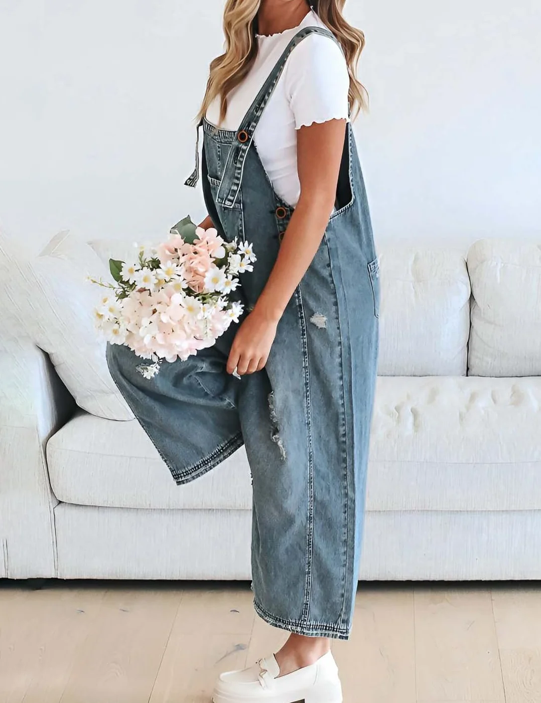 Damen Vintage Casual Denim Jean Overalls Lose Distressed Bib Latzhose Verstellbare Baggy Harem Romper Jumpsuit Hosen