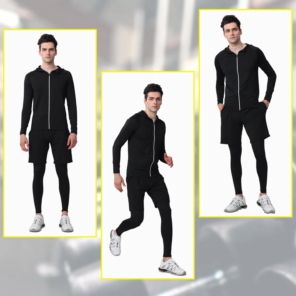 Herren Sport Fitness Set 5 Stück Kompressionsshirt Langarmshirt Sporthose Leggings Laufshirt Funktionswäsche Atmungsaktiv Schnelltrocknend Trainingsanzug für Running Gym Outdoor