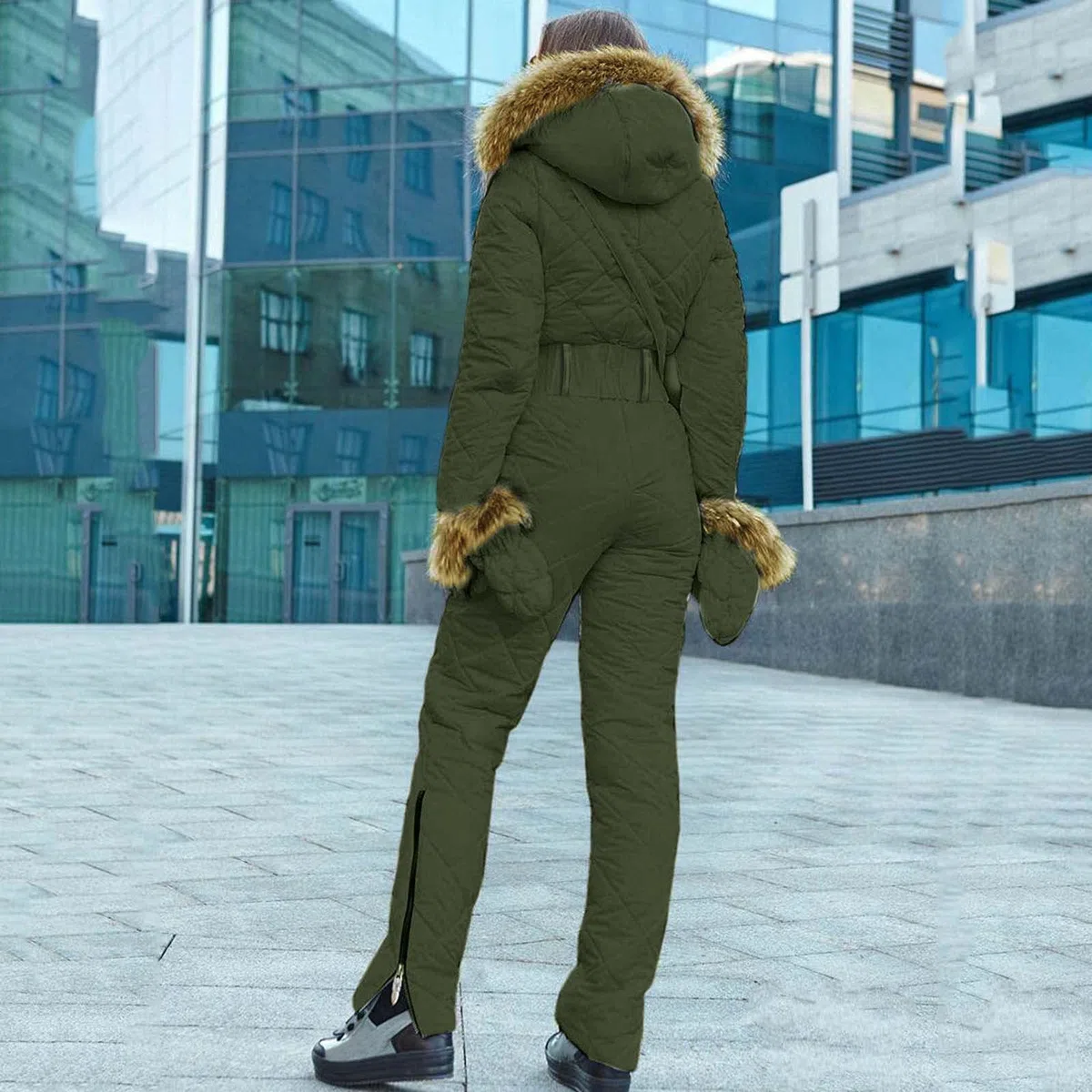 Generisch Skianzug Damen Große Größen Jumpsuit Damen Kuschelig Warm Schneeoverall Schneeanzug + Skihandschuhe + Gürteltasche 3 Teilig Skianzüge Mit Pelzkragen Langarm Skioverall Gerafftes Skijacke