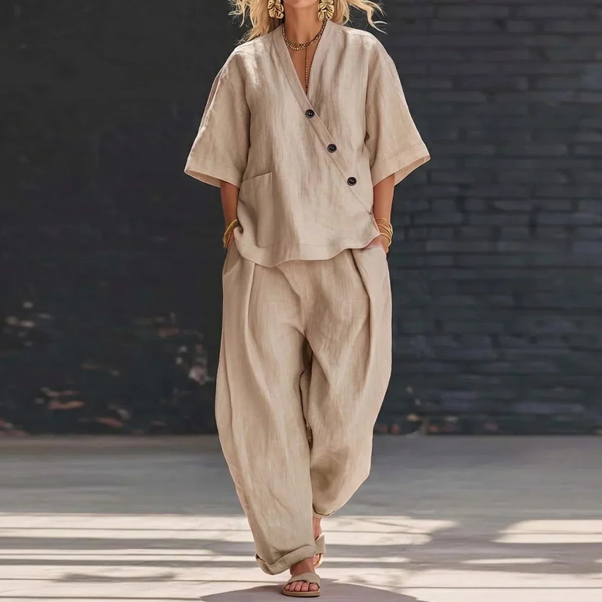 Zweiteiler Damen Sommer Leinen Hosenanzug Elegant Musselin Set 2 Teiler Baumwolle Oberteil und Weite Hose Luftig Leichte Leinenanzug Freizeitanzug Hausanzug Casual Outfits Lose