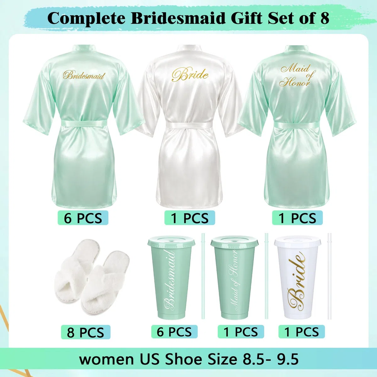 Bonuci 24-teiliges Bademantel-Set für Brautjungfer, Braut, 8 Stück, Braut-Bademäntel, flauschige Hausschuhe, Trinkbecher für Hochzeit, Junggesellinnenabschied