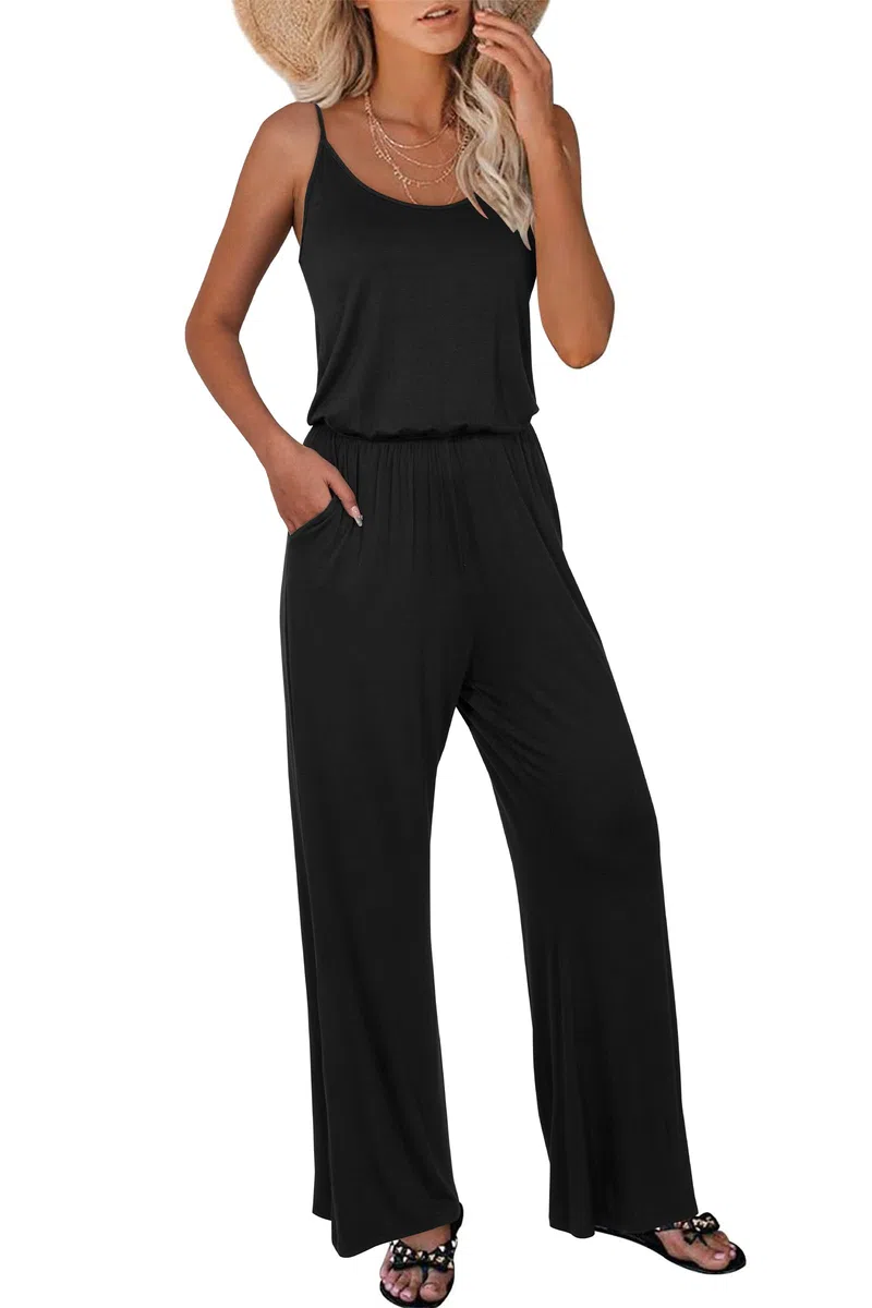 OUGES Damen Sommer Ärmellos Jumpsuit Overall Lang Hosenanzug Casual Playsuit Romper mit Taschen