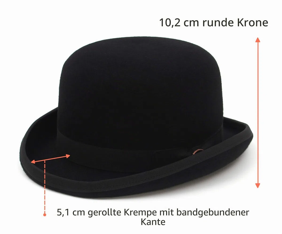 GEMVIE Schwarzer Derbyhut aus 100% Wolle, Theaterqualität, Hut, Bowler-Hut für Herren und Damen, Vintage-Kostüme