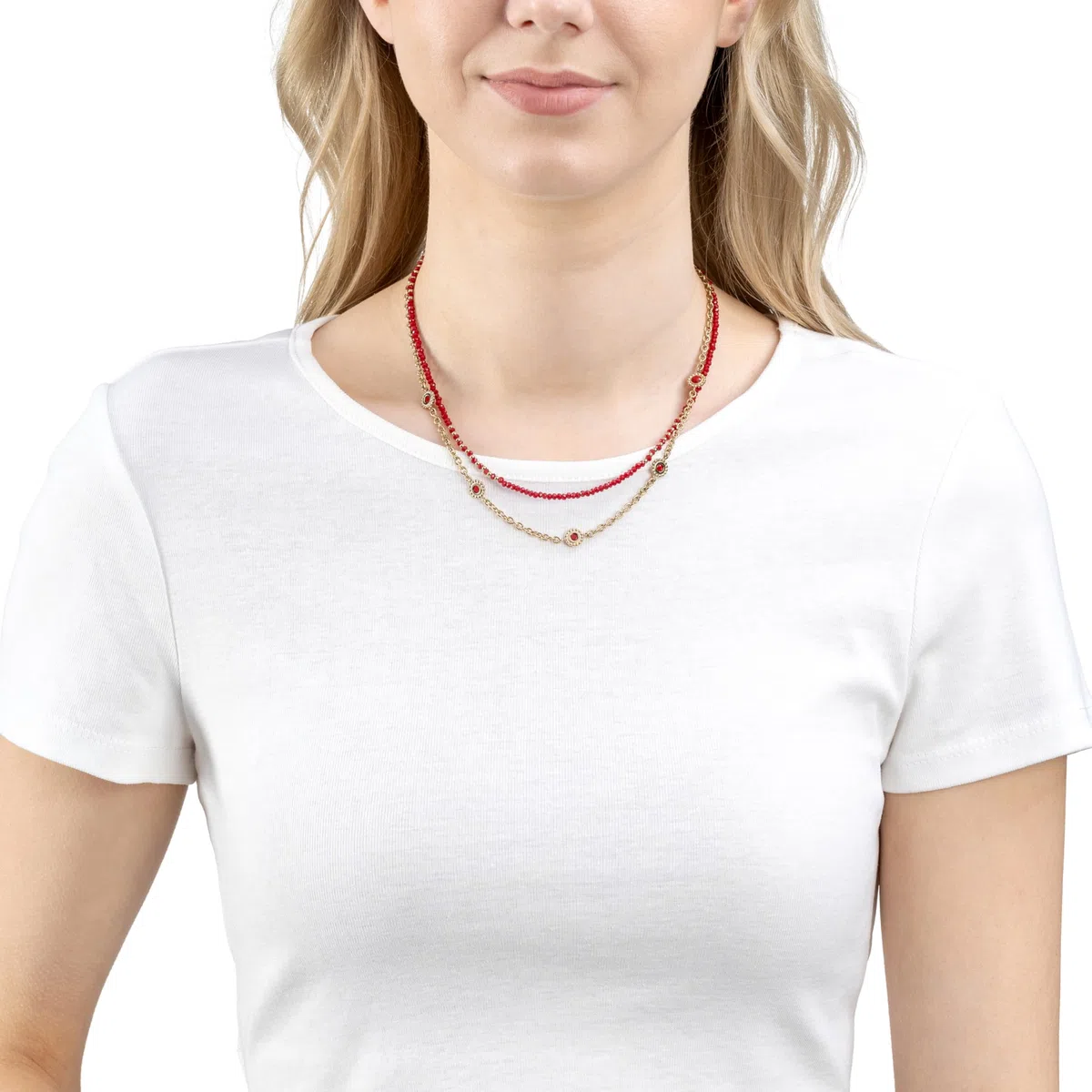 JEWELS BY LEONARDO Halskette Florena • doppelreihige Kette aus goldfarbenem Edelstahl • aufgereihte rote Glassteine und eingesetzte Blüten-Elemente • 42-47 cm Länge • Damen Schmuck • 023545