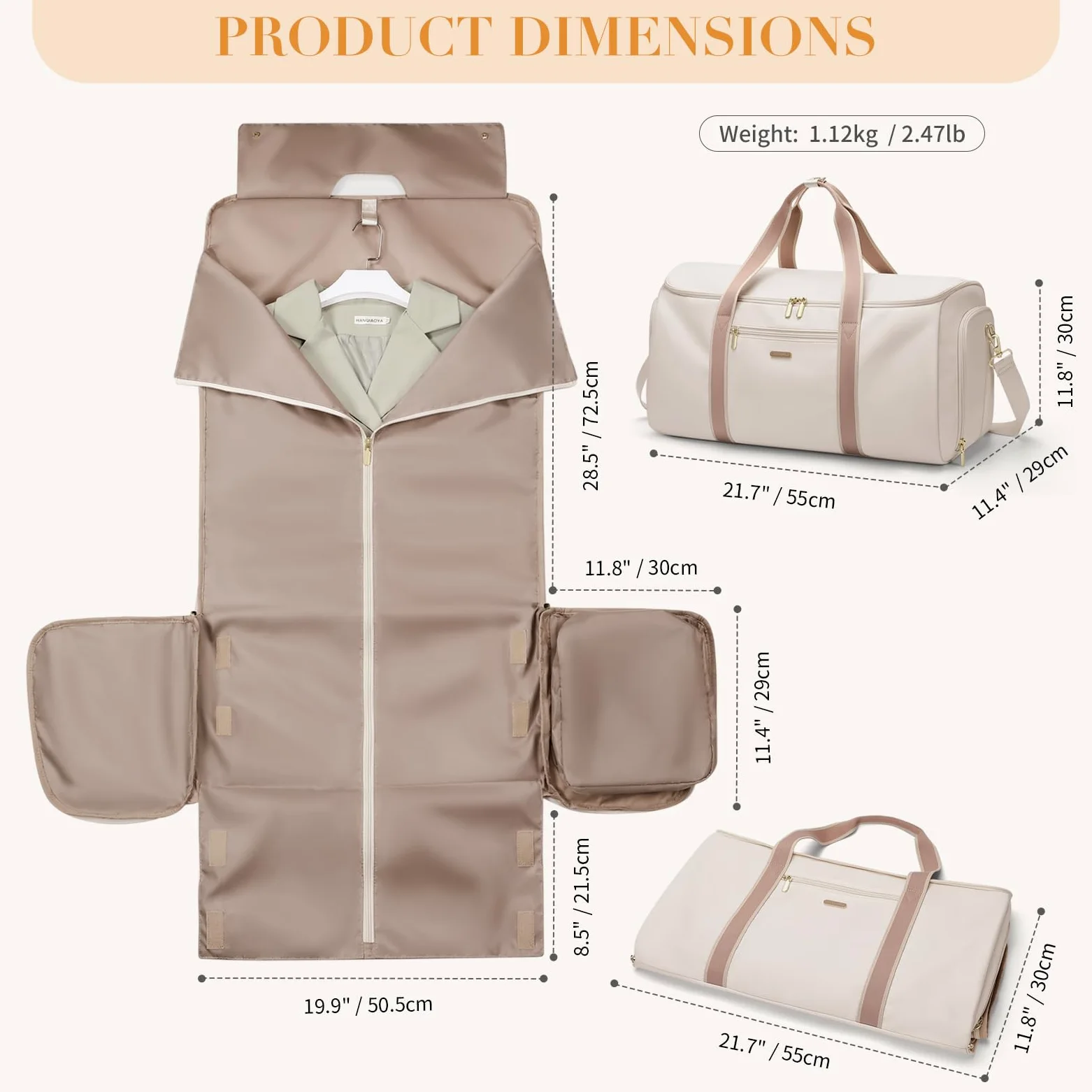 Umwandelbare Kleidersack 2 in 1 Reisetasche Handgepäcktasche für Damen Anzugtasche Reisetaschen für Business, Reisen und Sport (Cremefarben)