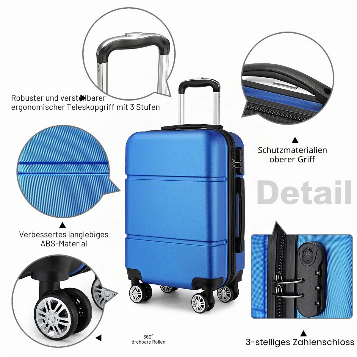 KONO Reisekoffer Handgepäck Koffer mit Rollen Hartschale Trolley 55x38x22cm 33 Liter Leichtgewicht ABS Navy Blau