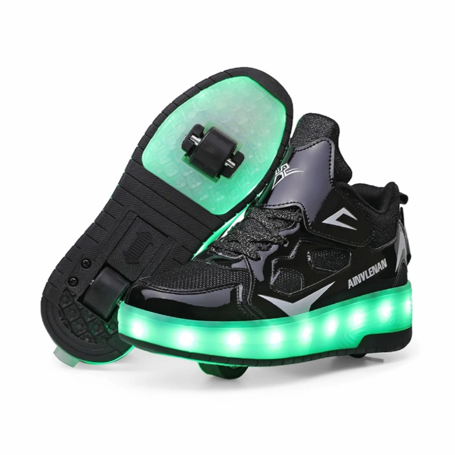 HUSKSWARE Kinder Schuhe mit Rollen – LED Sneaker 2 Rollen, USB aufladbar, Farbwechsel Licht, Skateboard Schuhe Jungen Mädchen, Rollschuhe Sportlich, Schwarz Rosa Gold Silber Weiß, Größe 28–41 EU