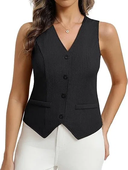 Belle Poque Weste Damen Sommer Ärmellos Reverskragen Einreihig Elegante Anzugweste mit Taschen Casual Anzugweste fürs Büro