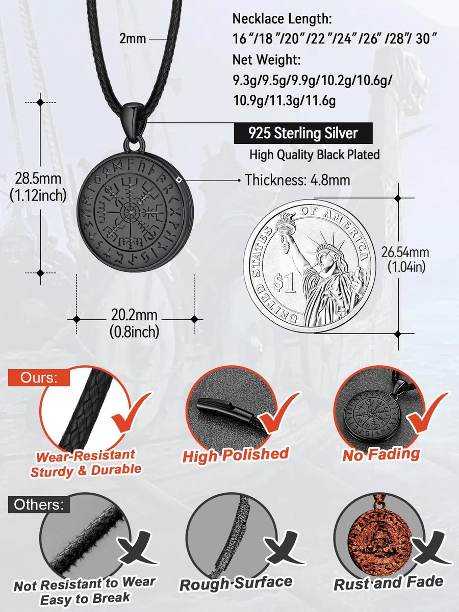 FaithHeart 925 Foto Anhänger für Damen Herren, Schwarz Medaillon mit Wikinger Vegvisir Symbol, Wikinger Amulett mit Bildanhänger für Geburtstag Weihnachten Halloween