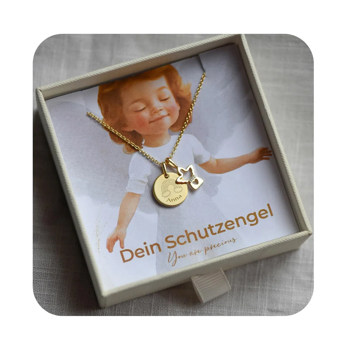 Schutzengel Kette für Mädchen personalisiert mit Gravur Symbol & Namen Silber 925 | Kinder Baby Halskette mit Engel-Anhänger | Taufkette Geschenk zur Taufe Kommunion Einschulung Geburt Patenkind