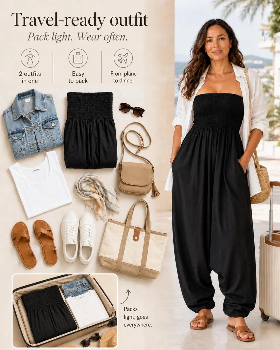 likemary Jumpsuit Damen Sommer – 2-in-1 Baumwoll Einteiler & Haremshose mit Taschen – Luftige Boho Pumphose, Schlupfhose für Urlaub & Alltag