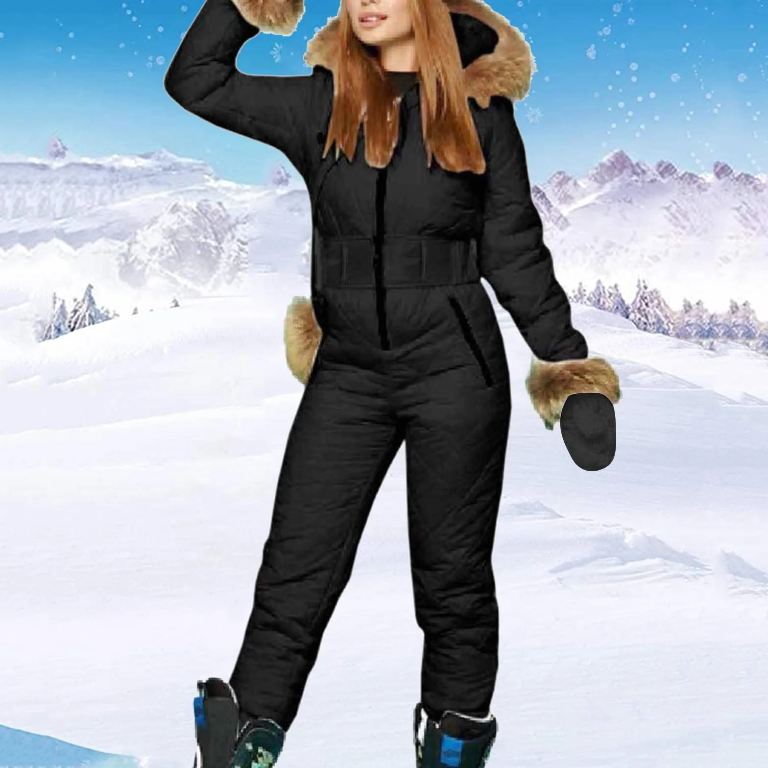 Damen Schneeoverall - Damen Schneeanzug + Skihandschuhe + Gürteltasche 3 teilig Skianzug Winter Warme Jumpsuit Schneeoverall Einteilig Skioverall mit Kapuze Reißverschluss Skianzüge
