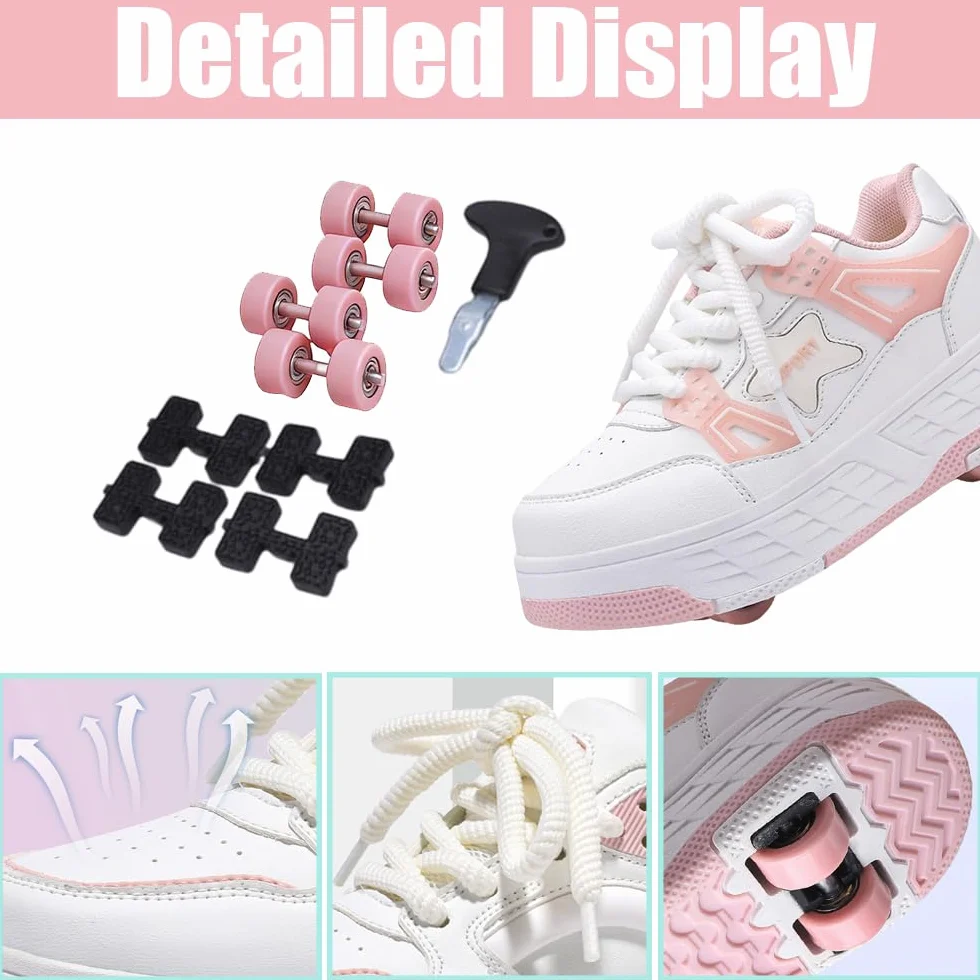 Hixingo Kinder Schuhe mit Rollen, Rollschuhe Schuhe für Mädchen, Abriebfest Skateboardschuhe 2-in-1-Multifunktional Sneaker 30-40 EU
