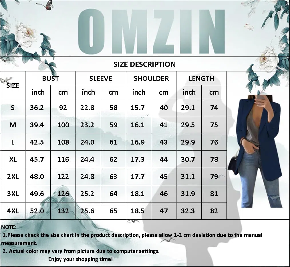 OMZIN Damen Elegant Langarm Blazer Sakko Einfarbig Revers Geschäft Büro Kurz Mantel Anzüge Bolero mit Tasche