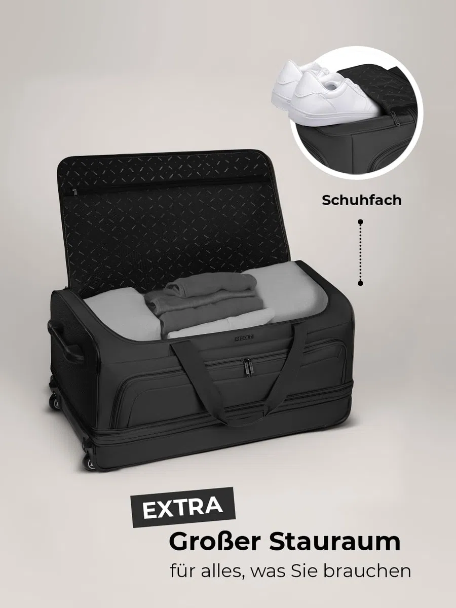 REDOLZ XL sehr große Jumbo Trolley-Reisetasche mit Rollen 80 cm [Sondergröße] Volumen mit Dehnfalte erweiterbar von 110 auf 140 Liter | extra Bodenfach für Männer & Frauen (Duffle Essentials)