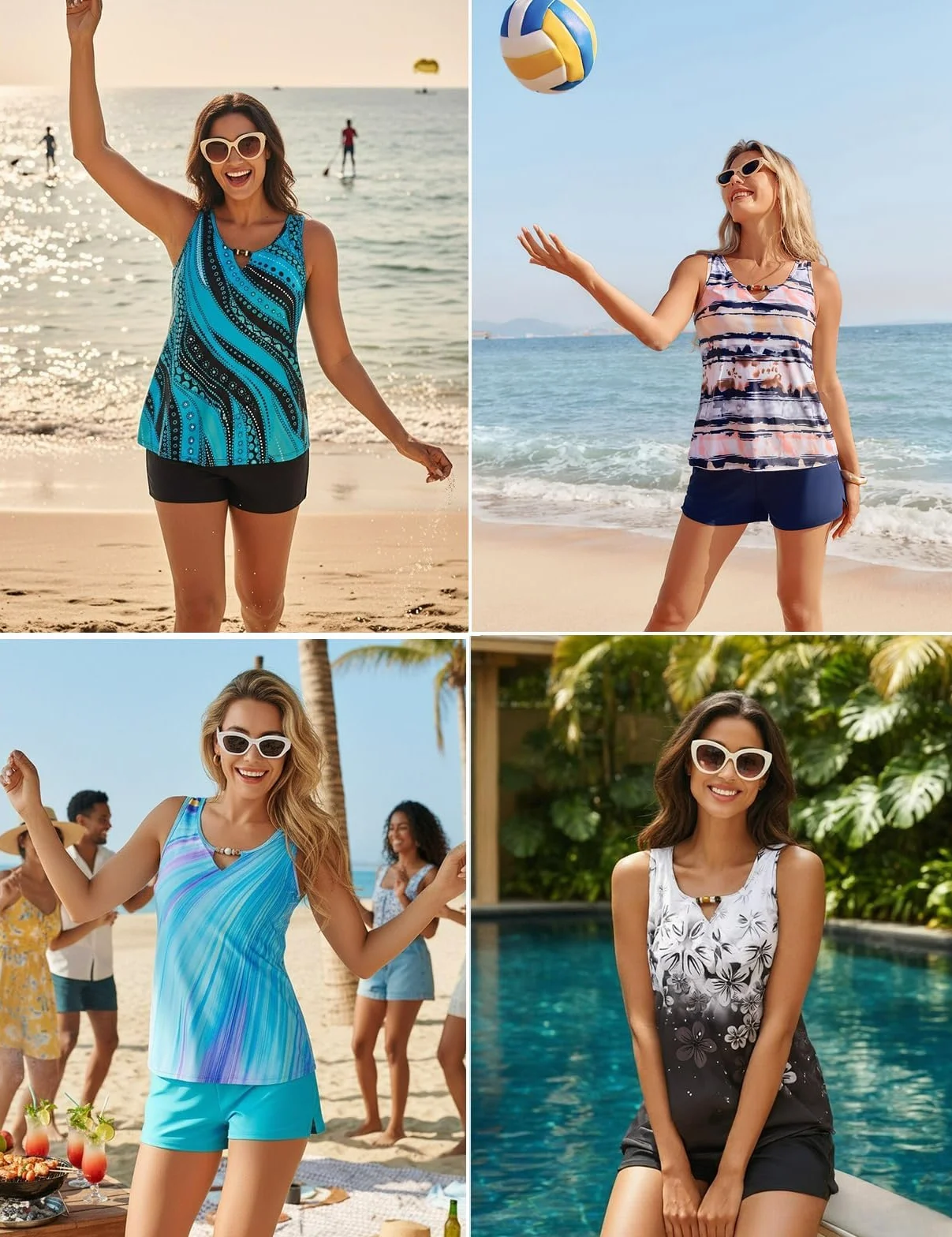 Hanna Nikole Tankini Damen Badeanzug, Bauchweg Zweiteiliger Bademode Set, Push Up Tank Oberteil mit Badeshorts, Sport Badeanzug für Damen Sportliche Strandmode