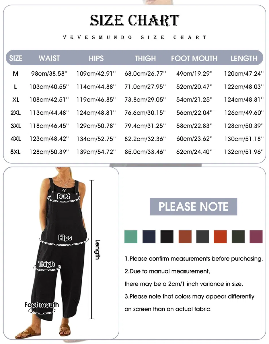 VEVESMUNDO Damen Latzhose Sommer Baggy Baumwolle Lang Elegant Retro Loose Breite Beine Jumpsuit Playsuit Overall Dungarees Hosen mit Taschen 34 36 38 40 42 44 46 48 50
