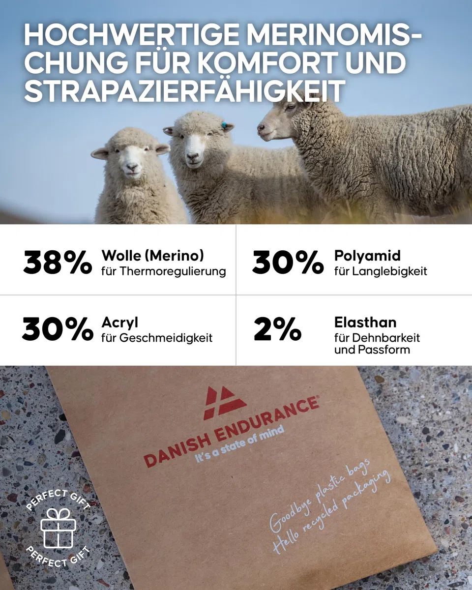 DANISH ENDURANCE Leichte Merinowolle Wandersocken, Arbeitssocken, Merino Socken, Funktionssocken, Atmungsaktiv, Gepolstert, Herren & Damen, 3 & 5 Paar
