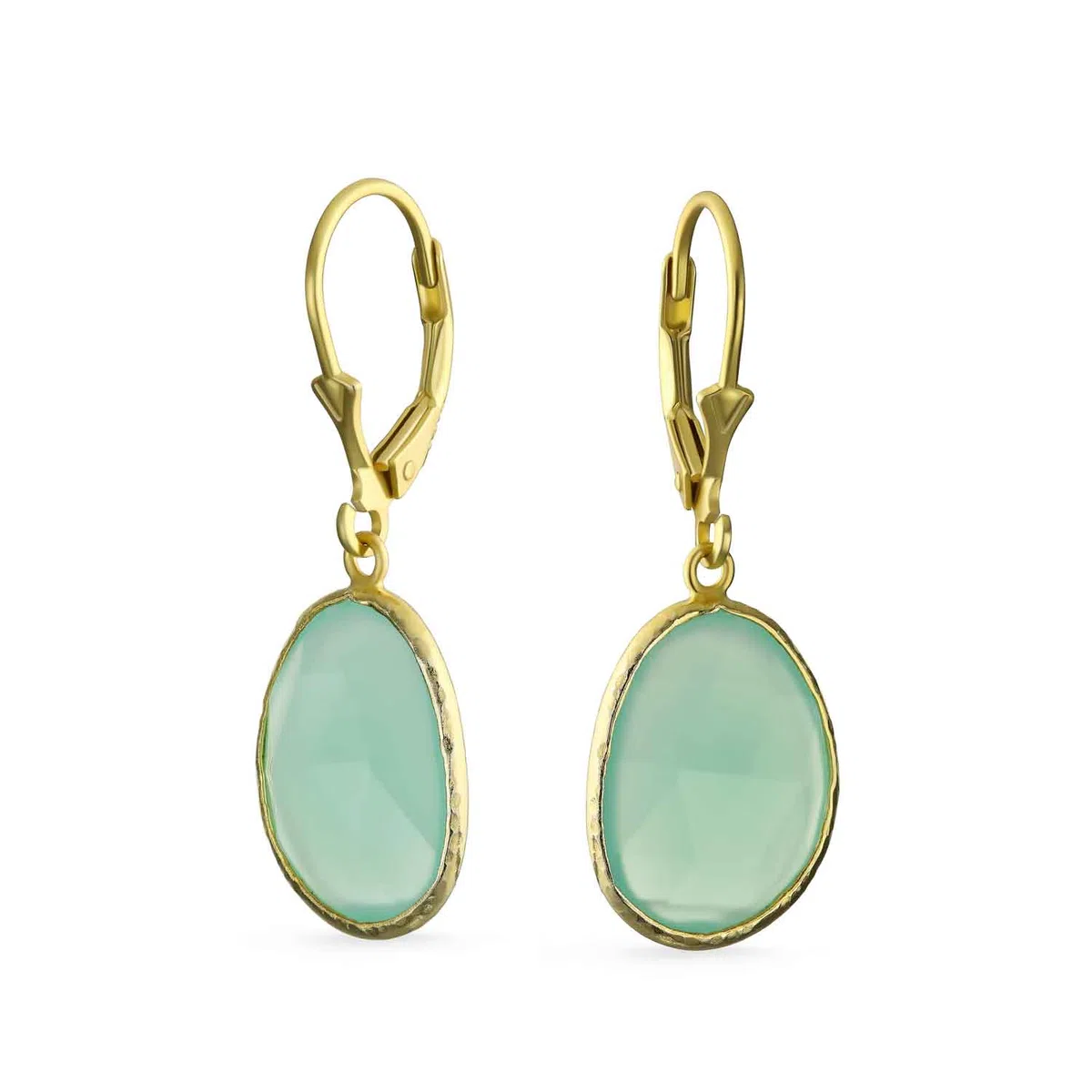 Eleganter Ovaler Facettierter Pastellstein Mit Hängefassung: Lever-Back-Ohrringe Und Halskette - Rosa, Aqua, Mintgrün, Simulierter Chalcedon, 14 Karat Vergoldetes .925 Sterling Silber