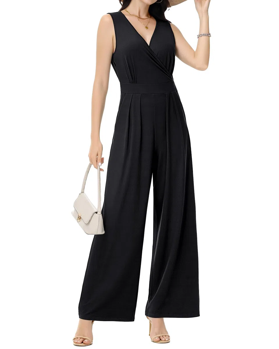 Tanmolo Damen Jumpsuit Elegant Festlich Sommer Ärmellos Overall Weites Bein Romper Mit Taschen Kurz