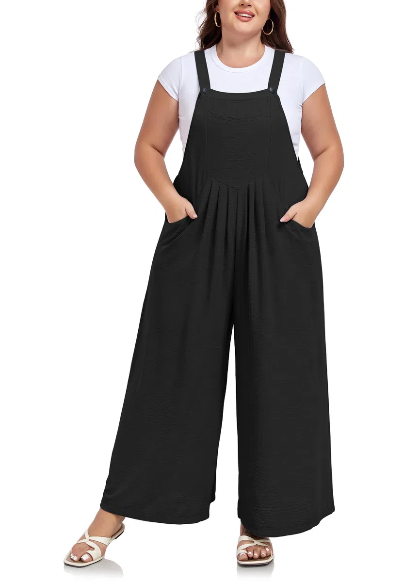 Moon Wood Latzhosen für Damen Sommer Oversize Casual Overall Baggy Jumpsuit Lang mit Trägern und Taschen Große Größen