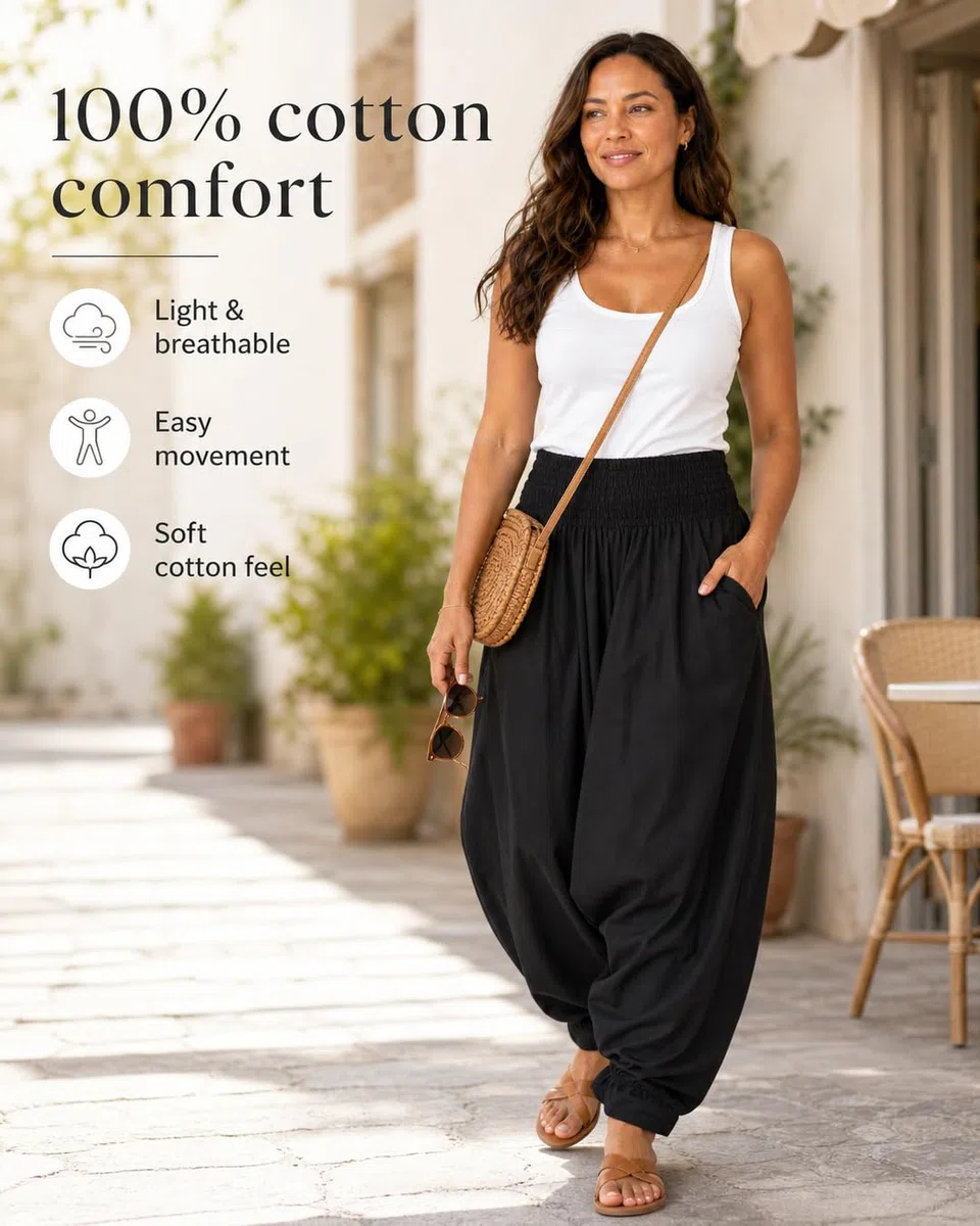 likemary Jumpsuit Damen Sommer – 2-in-1 Baumwoll Einteiler & Haremshose mit Taschen – Luftige Boho Pumphose, Schlupfhose für Urlaub & Alltag