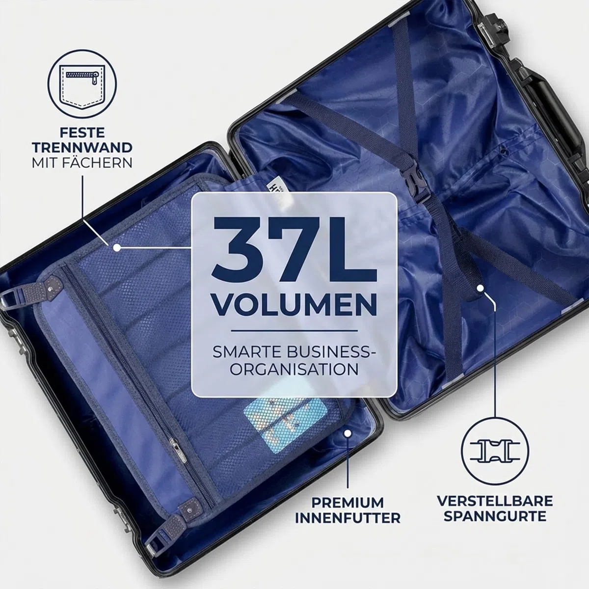 POSH Piloten Koffer Handgepäck Hartschale - Aluminium Rahmen & Schnappverschluss - 37L Business 45x43x25 cm Trolley 100% Polycarbonat - TSA Schloss, mit 4 Rollen