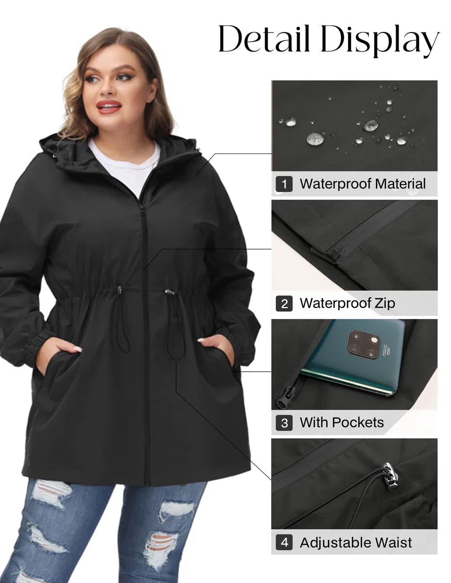Hanna Nikole Damen Große Größe Regenjacke Leicht Wasserdicht Regenmantel mit Kapuze Windbreaker Sport Outdoorjacke
