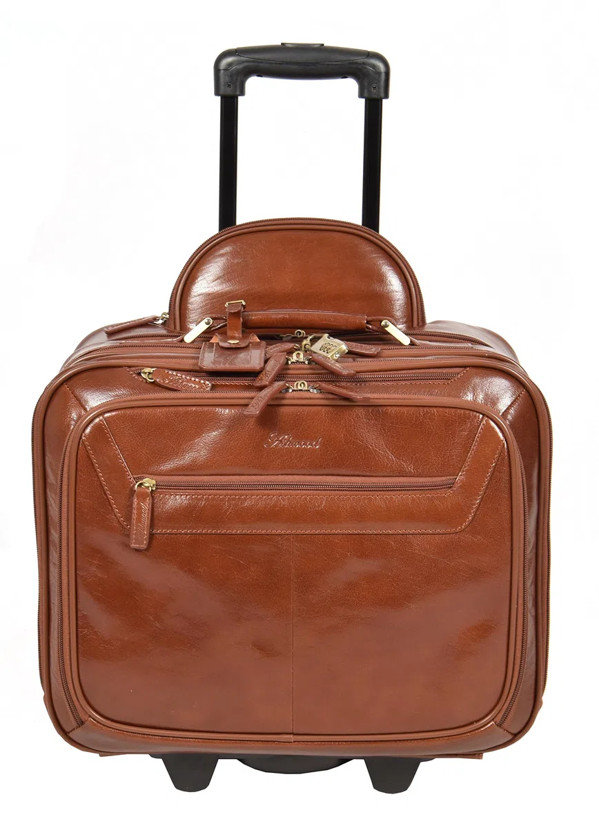 Echtes Leder Pilotenkoffer auf Räder Flug Arbeit Laptop Trolley Kabine Tasche HLG891 Kastanie