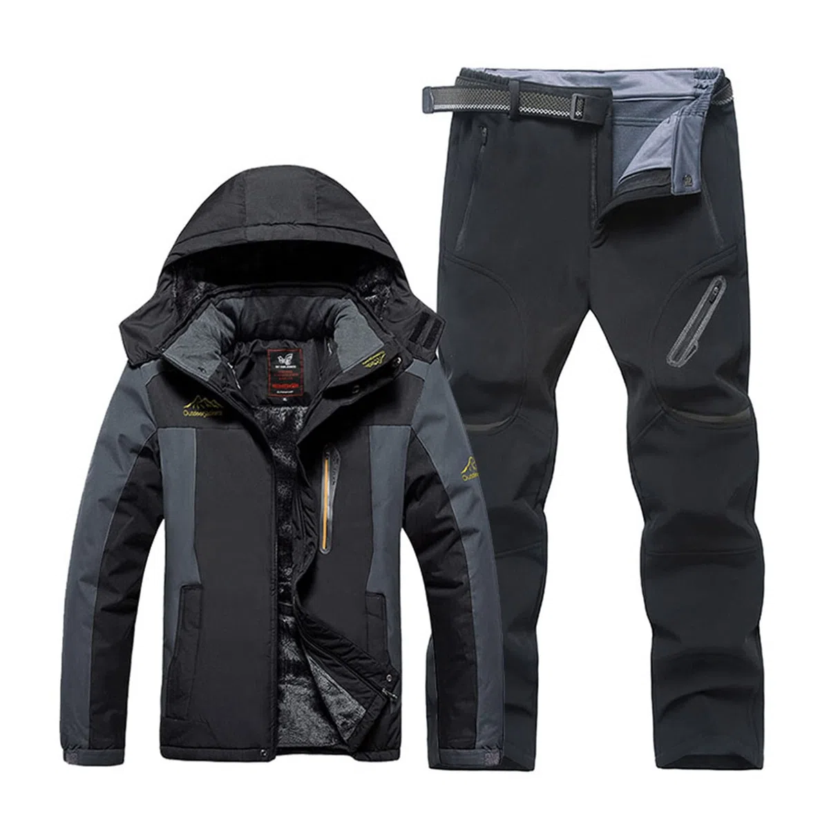 Yytcsjz Männer Ski Jacke Ski Hosen, Mode Mens Plus Size Plüsch und Verdicken Kapuze Ski Mantel Hose Ski Anzug, Outdoor Sport 2-teiliges Set, zum Skifahren und Winter Outdoor Aktivitäten