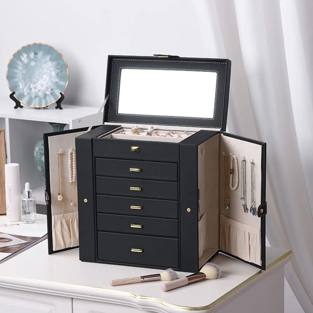 Schmuckbox Schmuckkästchen Schmuckschatulle Große Schmuckkiste 6-Schicht mit 5 Schubladen Pu. Leder Schmuck Organizer Lagerung mit Spiegelschmuck Fall for Frauen Mädchen Geschenk Schmuckkasten Schmuck