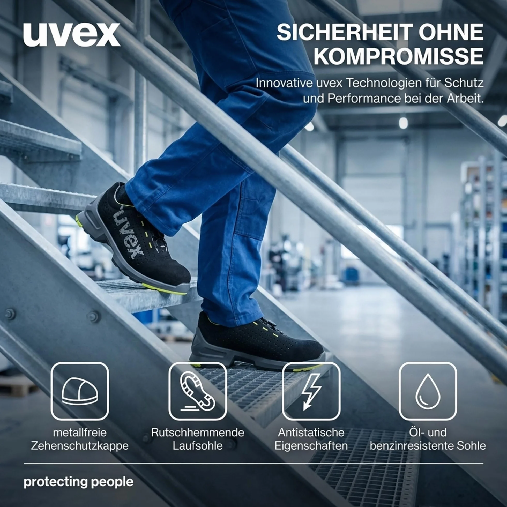 Uvex 1 S1 Sicherheits-Halbschuh gelocht - metallfrei, atmungsaktiv, ESD Arbeitsschuh, Rutschhemmende PU-Sohle SR, schwarz/Lime - W11