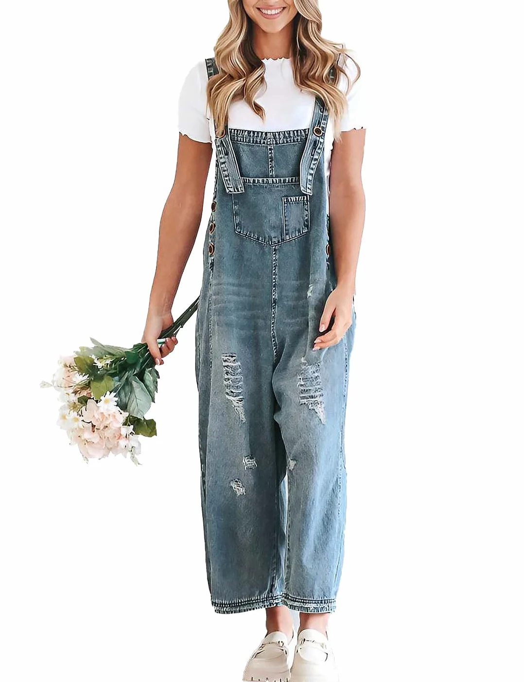 Damen Vintage Casual Denim Jean Overalls Lose Distressed Bib Latzhose Verstellbare Baggy Harem Romper Jumpsuit Hosen