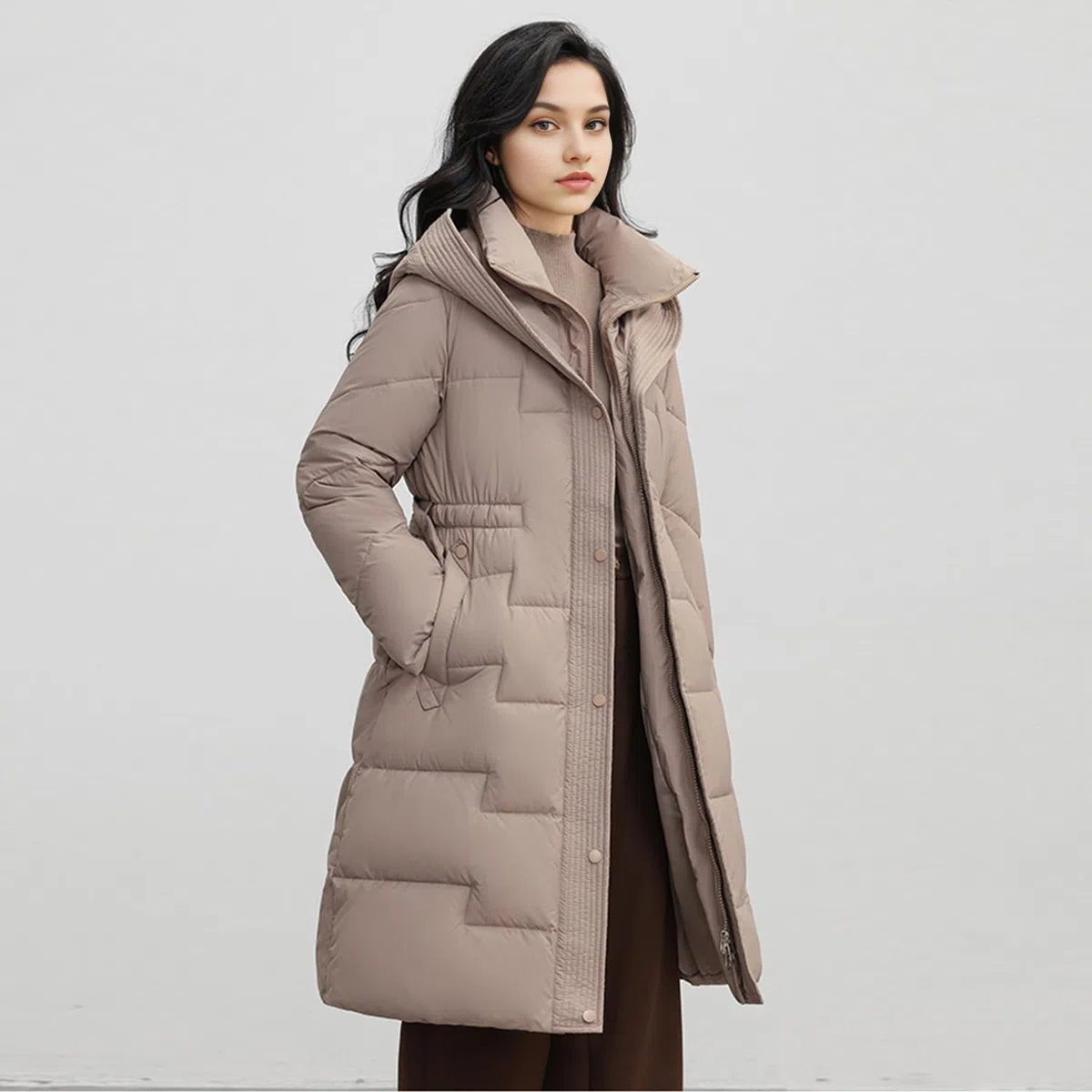 Verdickte lange Daunenjacke für Damen, mit Kapuze, Winter-Puffer, Oberbekleidung, Parka, Mantel, Stehkragen, knielang, Schneeanzug mit Gürtel