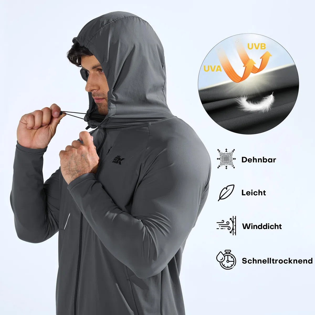 BROKIG Leichte Laufjacke Herren, Schnelltrocknende Trainingsjacke Atmungsaktives Hoodie Brusttasche mit Reißverschluss