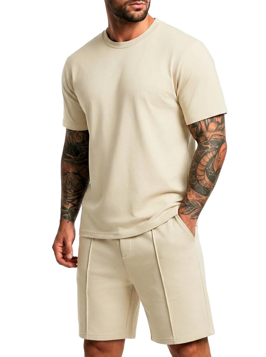 QIXING 2-Teiler Herren Sommer Outfit Kurz Trainingsanzug Hemd & Shorts Set Freizeitanzug mit Taschen Kurzarm