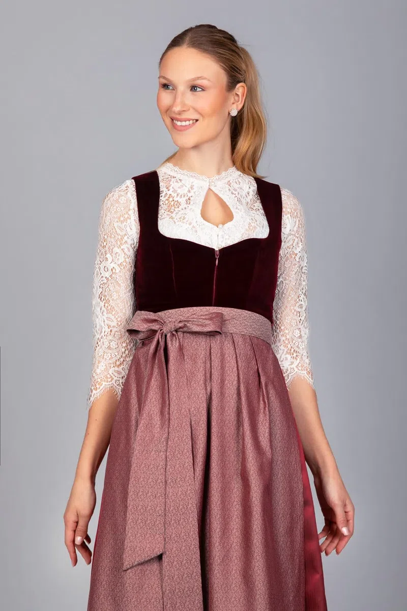 Edelnice Trachtenmode Exklusives Designer Midi Dirndl Lilly Samt rot inkl. Dirndlschürze Gr. 32-54