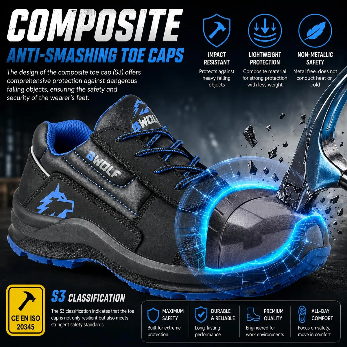 BWOLF Spire Arbeitsschuhe Herren S3 Sicherheitsschuhe Herren S3 Low wasserdicht, ölbeständig, 4x4 Grip Tech, Ergo-Sohlen