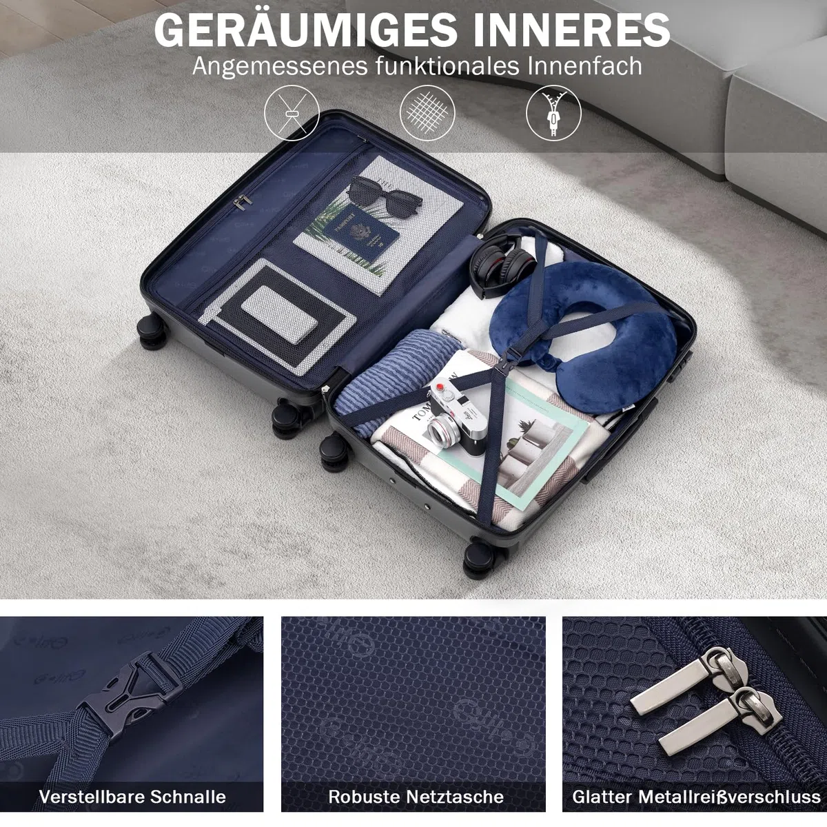 COOLIFE Koffer Trolley-Koffer Hartschalen-Koffer Rollkoffer Reisekoffervon ABS-Material mit TSA-Schloss Teleskopgriff und 4 Zwillingsrollen (Schwarz, Koffer-Set)